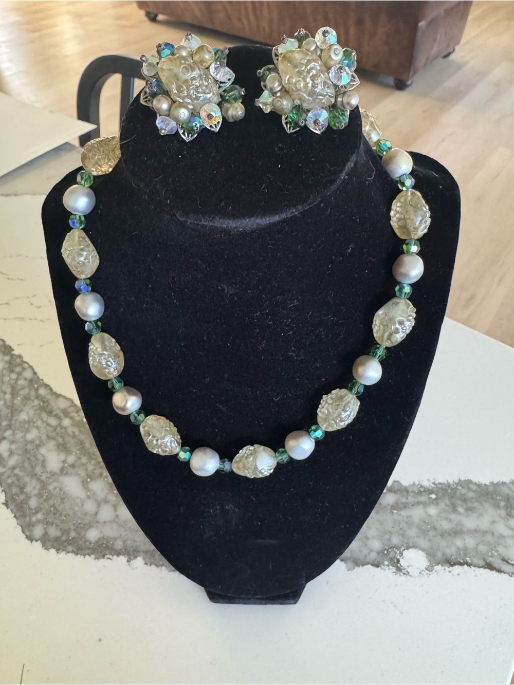 Alice Caviness Vintage Faux Pearl & Green Accent Necklace & Clip-ons Set